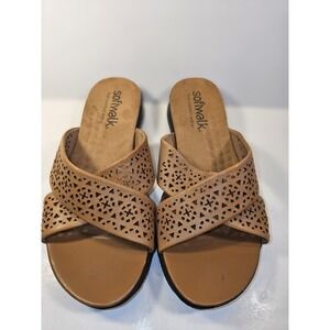 Softwalk Hansford Leather Wedge Sandals Womens 8 Brown Comfort Cross Straps